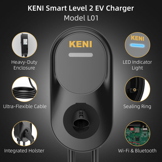 KENI Level 2 EV Charging Station – 48A Adjustable, Black