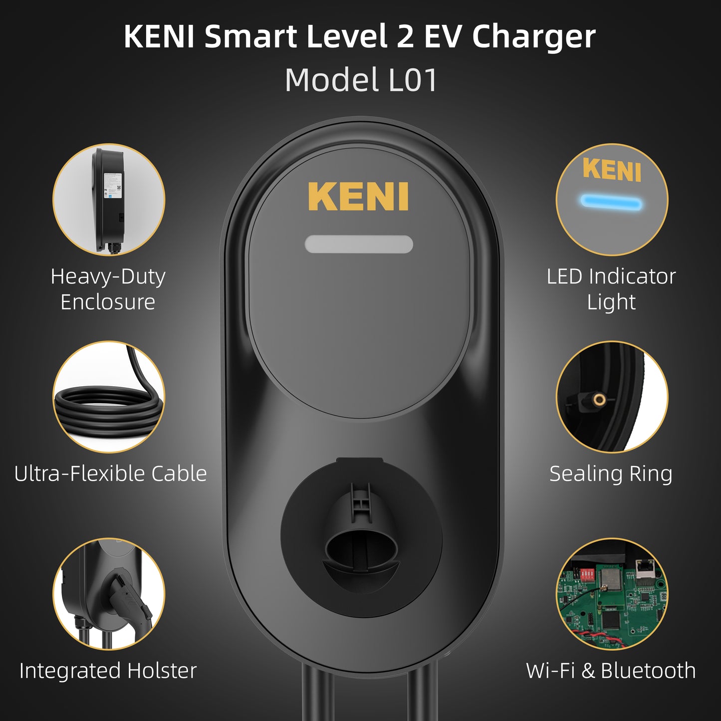 KENI Level 2 EV Charging Station – 48A Adjustable, Black