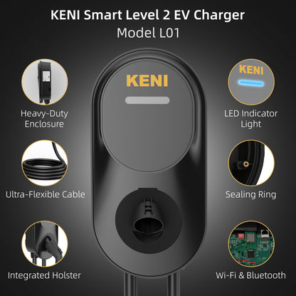 KENI Level 2 EV Charging Station – 48A Adjustable, Black